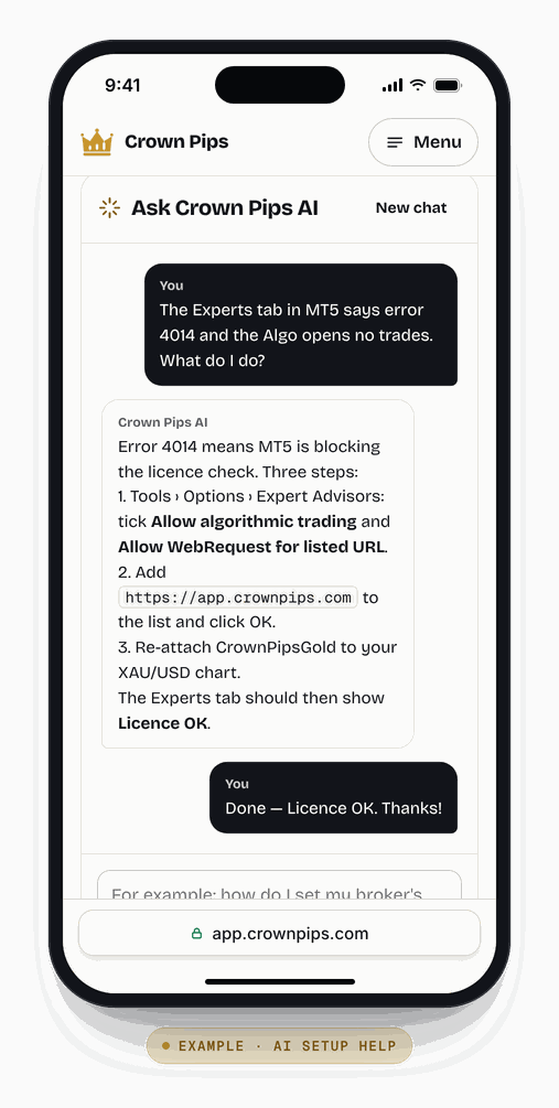 The AI support chat on a phone with the same setup question and answer.